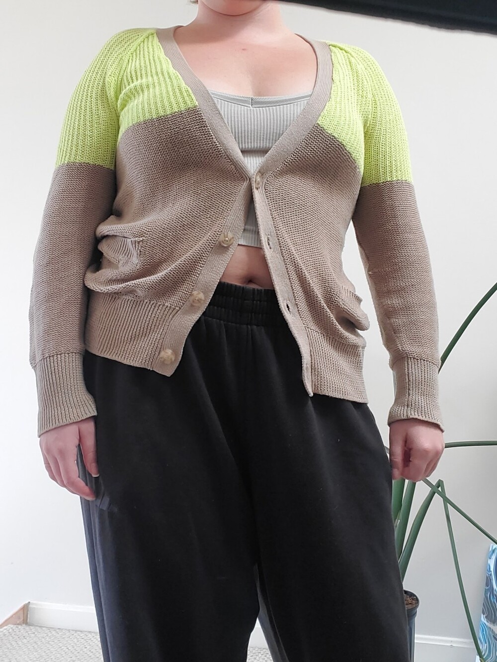 American Eagle Outfitters oversized long tan + lime green cardigan Size M